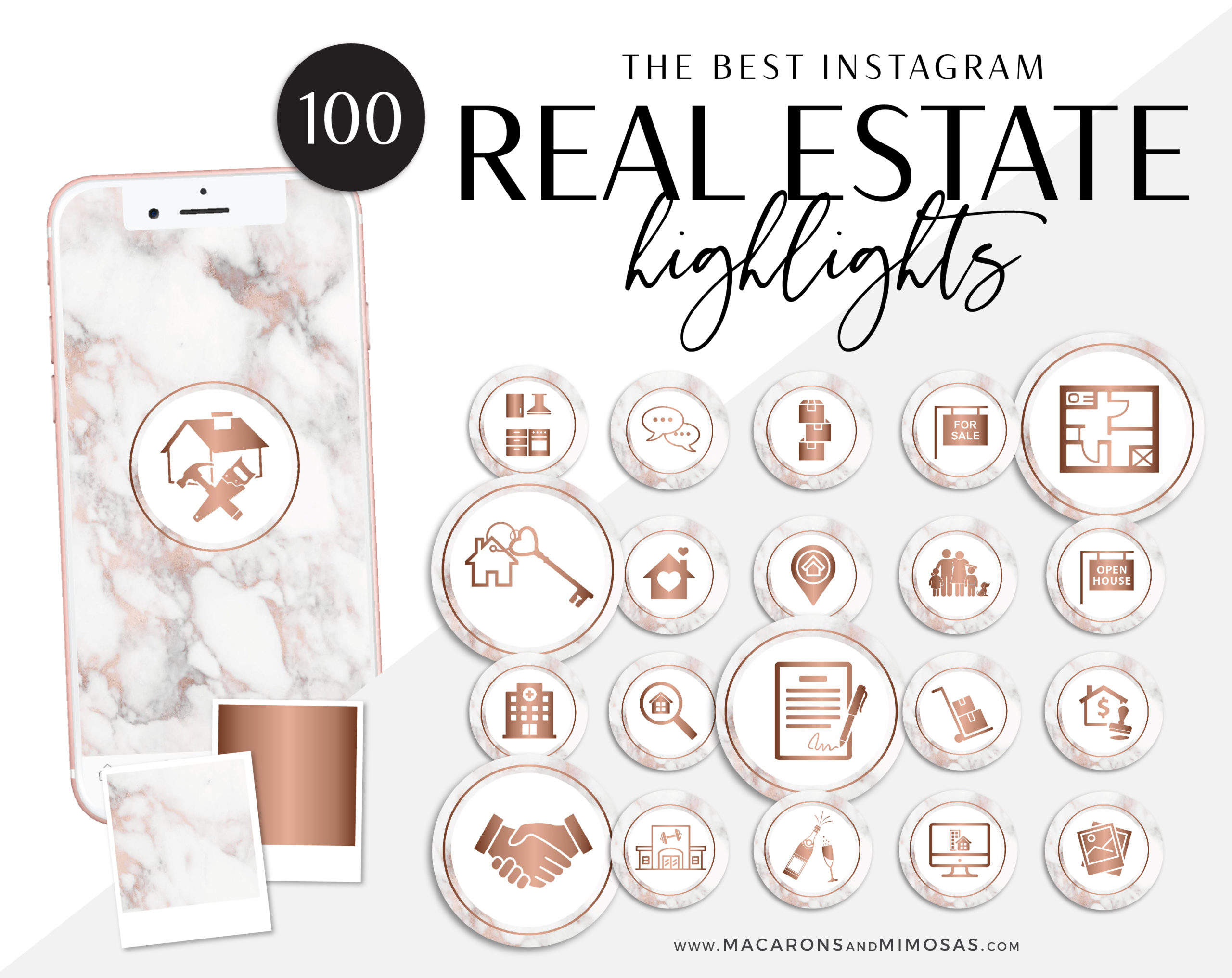 Rose Gold Realty Instagram Covers, Marble Rose Gold Instagram Highlights, , Story Highlight Icons, IG Stories Post cover, social media icons