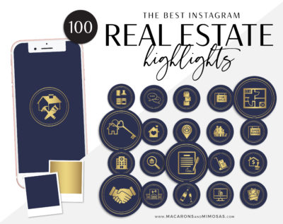 100 Real Estate Instagram Story Highlight Icons, Navy Blue Gold IG Icons, Story Highlight Icons, IG Stories Post cover, social media icons