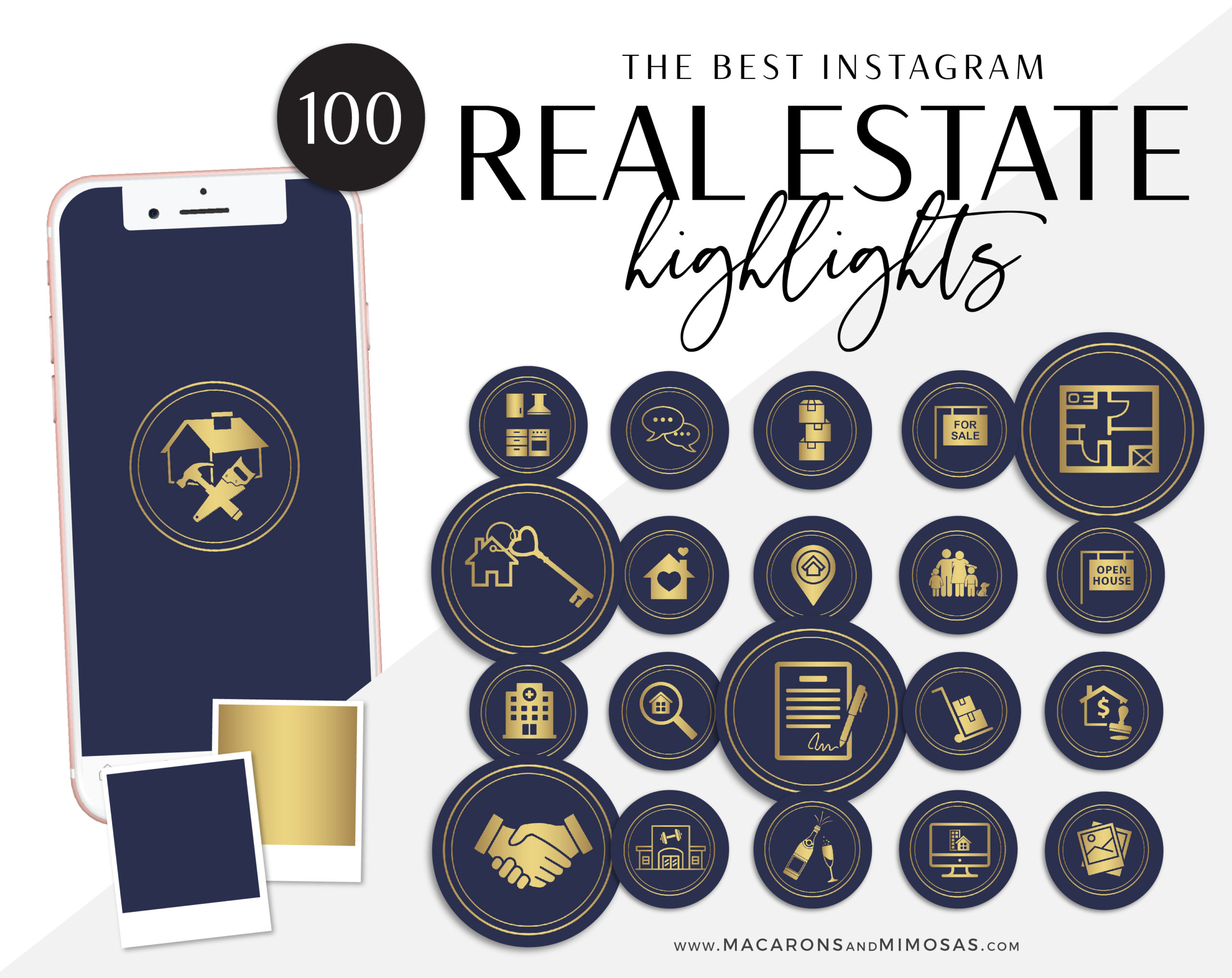 100 Real Estate Instagram Story Highlight Icons, Navy Blue Gold IG Icons, Story Highlight Icons, IG Stories Post cover, social media icons