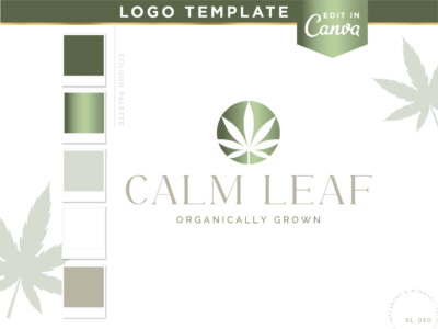 Cannabis logo design template to edit in Canva. Metallic green weed graphic for a creative small business. Looking for a custom logo? We offer that too!