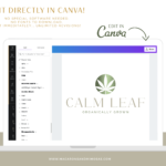 Cannabis logo design template to edit in Canva. Metallic green weed graphic for a creative small business. Looking for a custom logo? We offer that too!