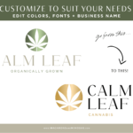 Cannabis logo design template to edit in Canva. Metallic green weed graphic for a creative small business. Looking for a custom logo? We offer that too!