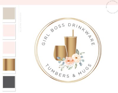 Wine Tumbler Logo, Floral Travel Cup Mug Logo Design for Etsy Shop Branding, Premade Custom Tumbler Crafting, Traveling Handmade Logo