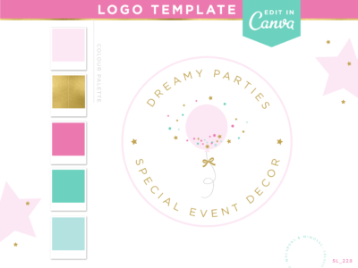 Party Planner Balloon Logo for event business. Edit your Custom Event Planer logo in Canva! Logo featuring pink ballons with stars and sparkles