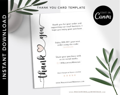 Business Thank You Insert card Template, Editable Modern Insert Card for Packaging, Heart Discount Thank You For Your Order just Add Logo