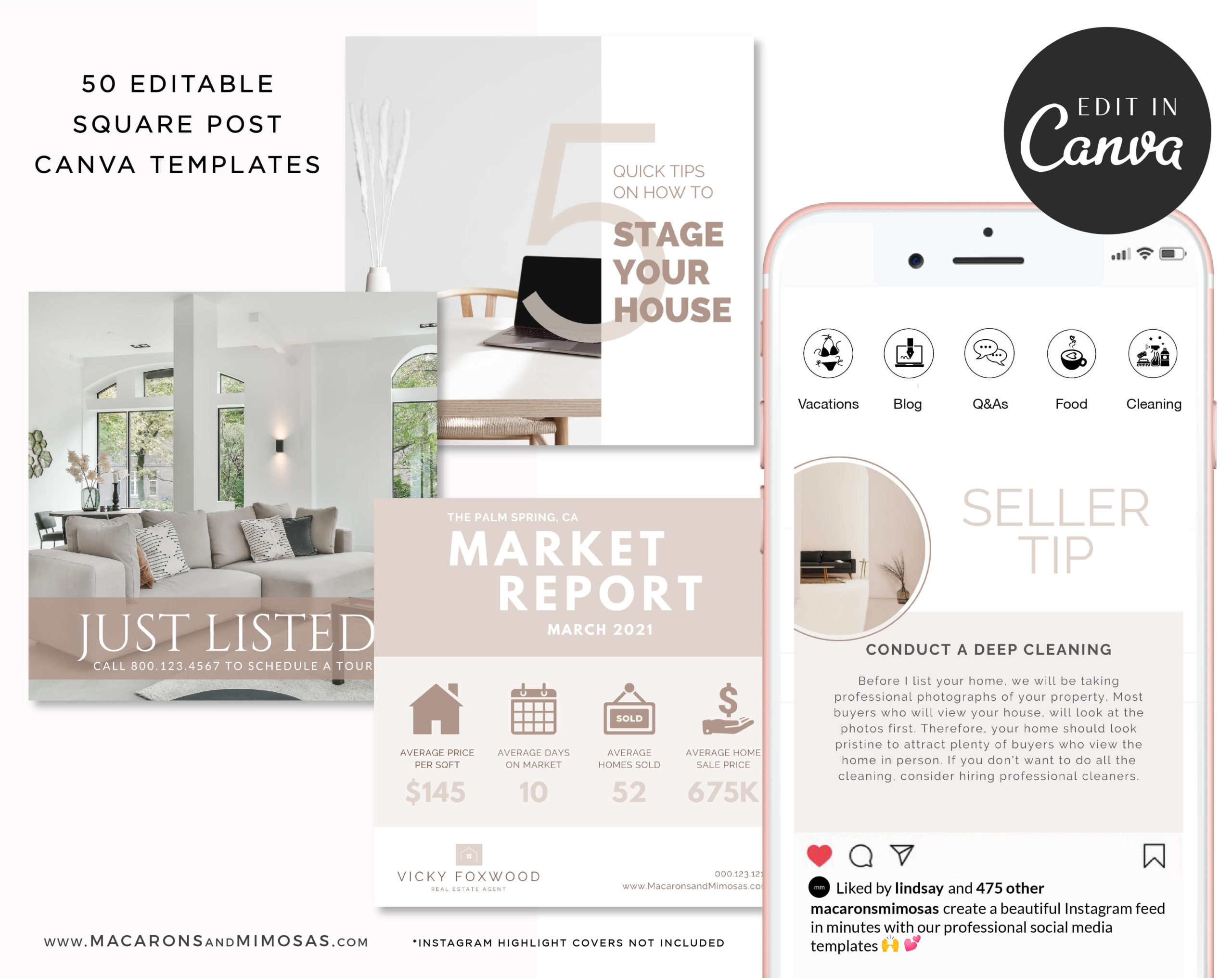 Neutral Real Estate Instagram Post Template editable in Canva Elevate your Instagram, and showcase your client's listings for your Realtor business!