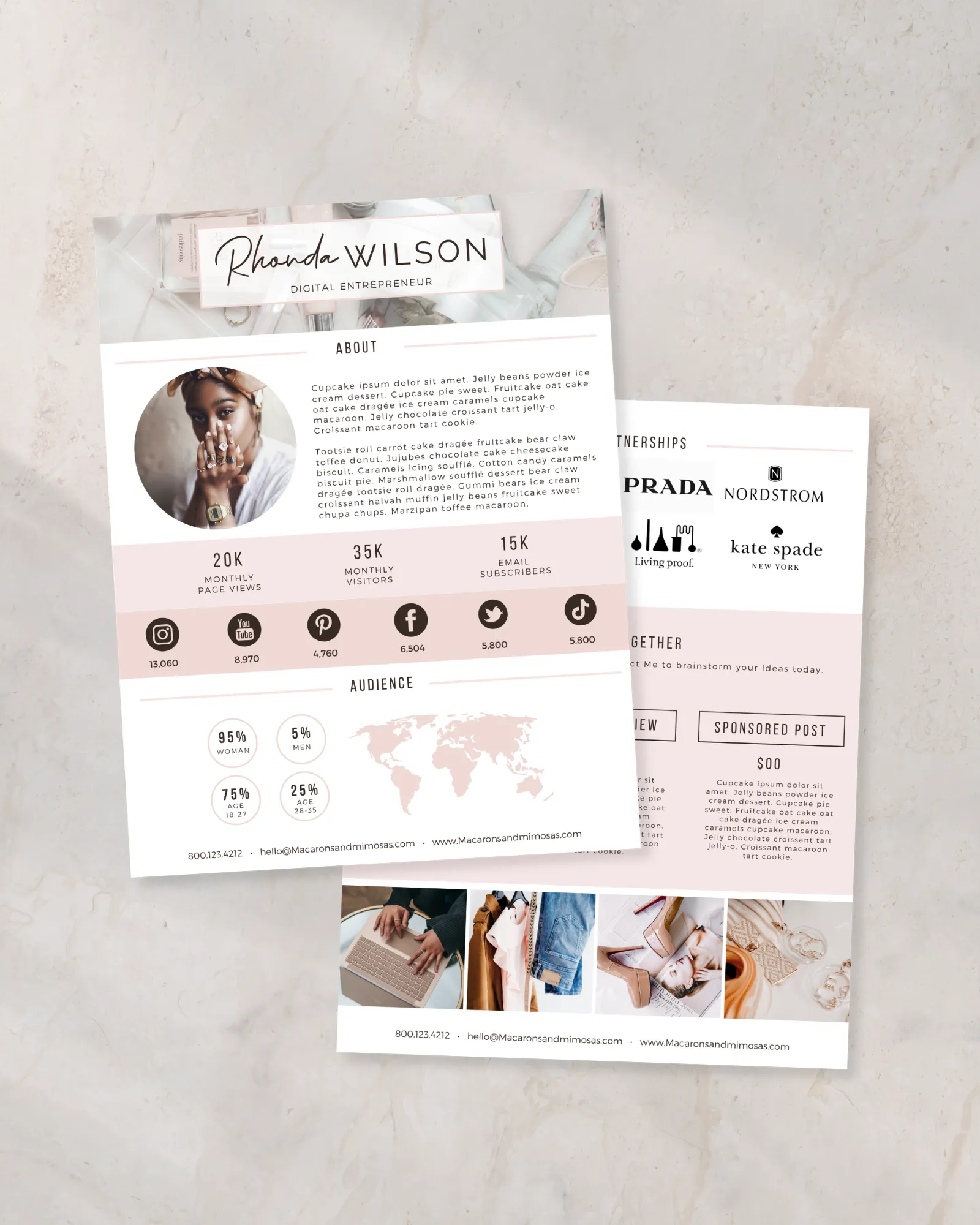 Pretty media kit examples for Instagram Influencer and Brand Ambassador. This Press Pitch Kit Template is editable in Canva.
