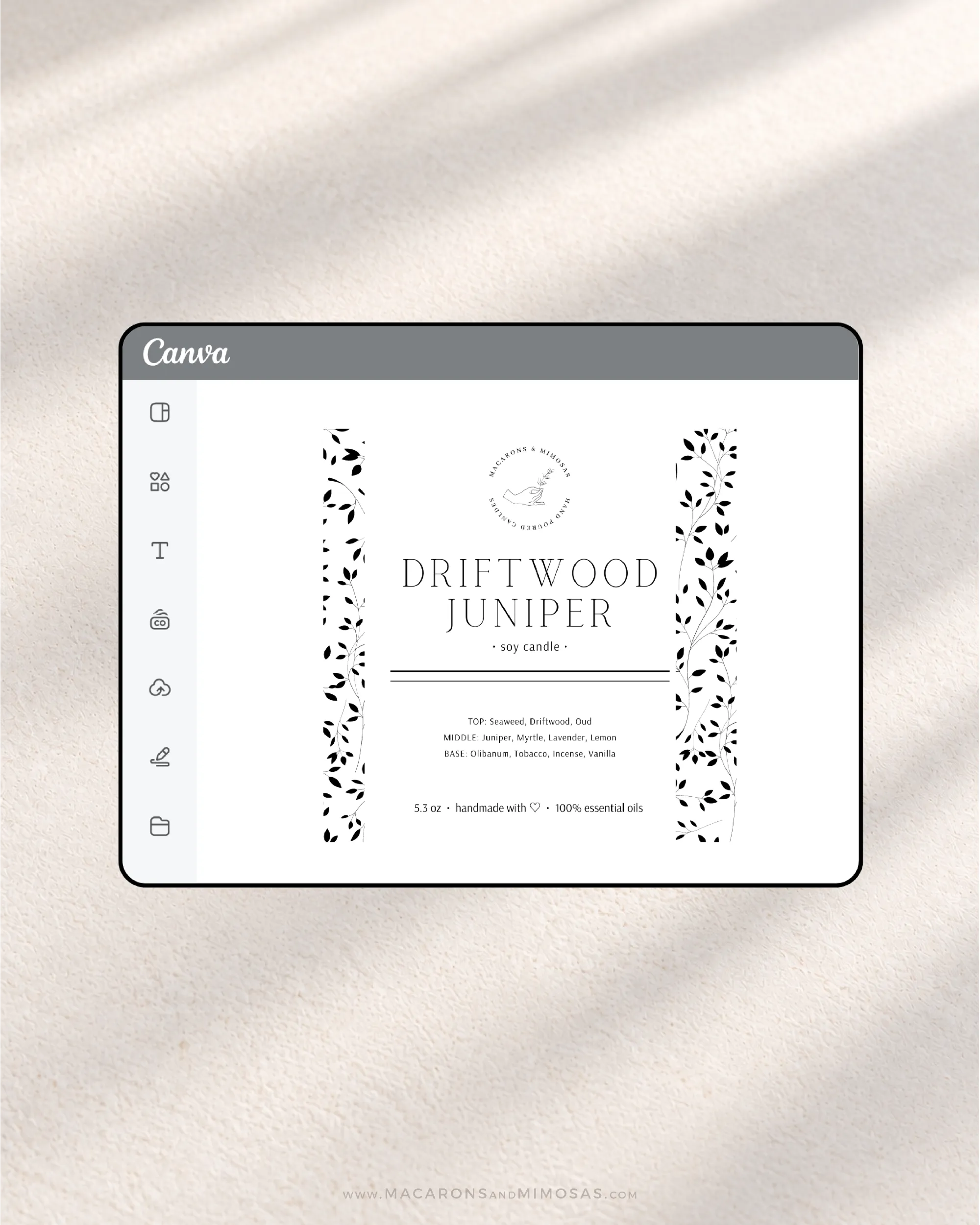 Botanical Candle Label Template with floral details, DIY Personalized Printable Labels for your Candle Jar