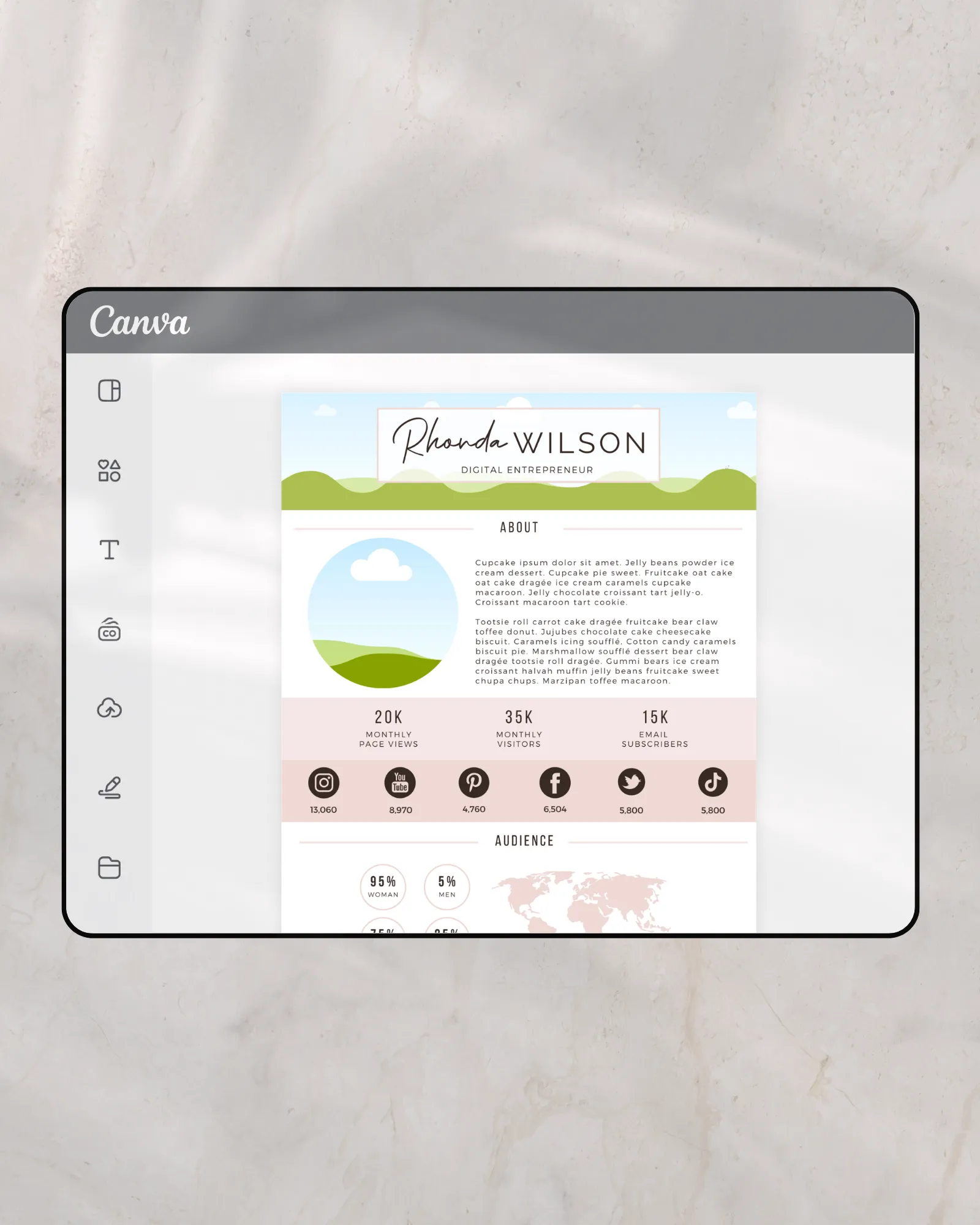 Pretty media kit examples for Instagram Influencer and Brand Ambassador. This Press Pitch Kit Template is editable in Canva.