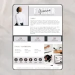 Brand ambassador press kit template 2 pages editable in Canva showing creator stats and partnership information