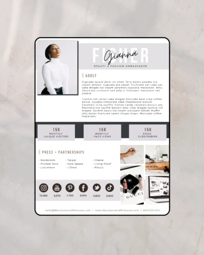Brand ambassador press kit template 2 pages editable in Canva showing creator stats and partnership information