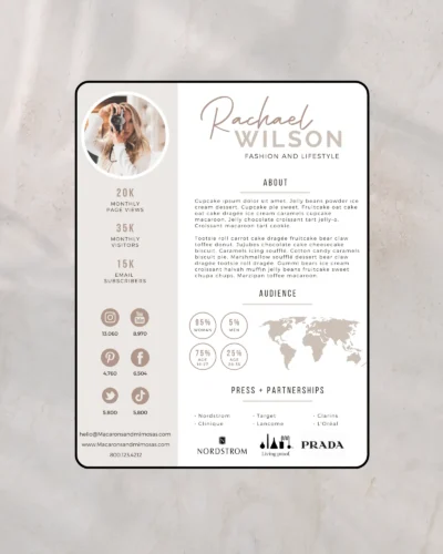 Creator media kit template 2 pages editable in Canva showing audience statistics and partnership information