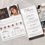 Influencer media kit template 2 pages editable in Canva showing creator stats and partnership information