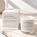Minimal custom printed candle label template with logo design to personalise your candle brand edit in Canva