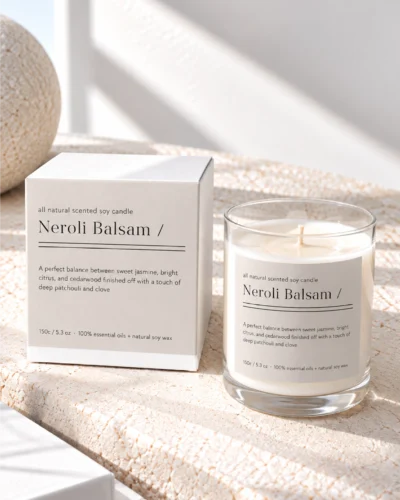 Minimal custom printed candle label template with logo design to personalise your candle brand edit in Canva