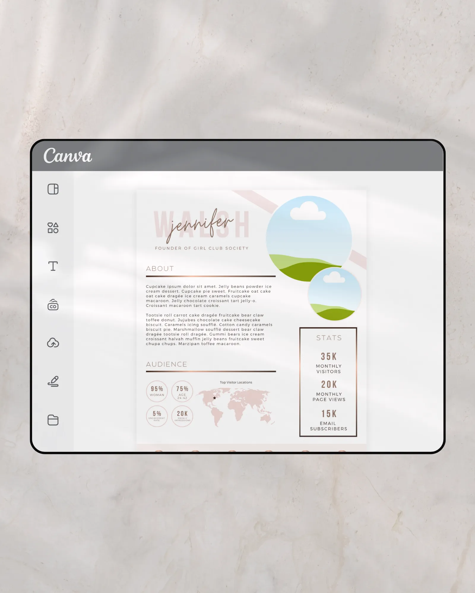 Canva minimalist media kit template with audience insights and collaboration presentation