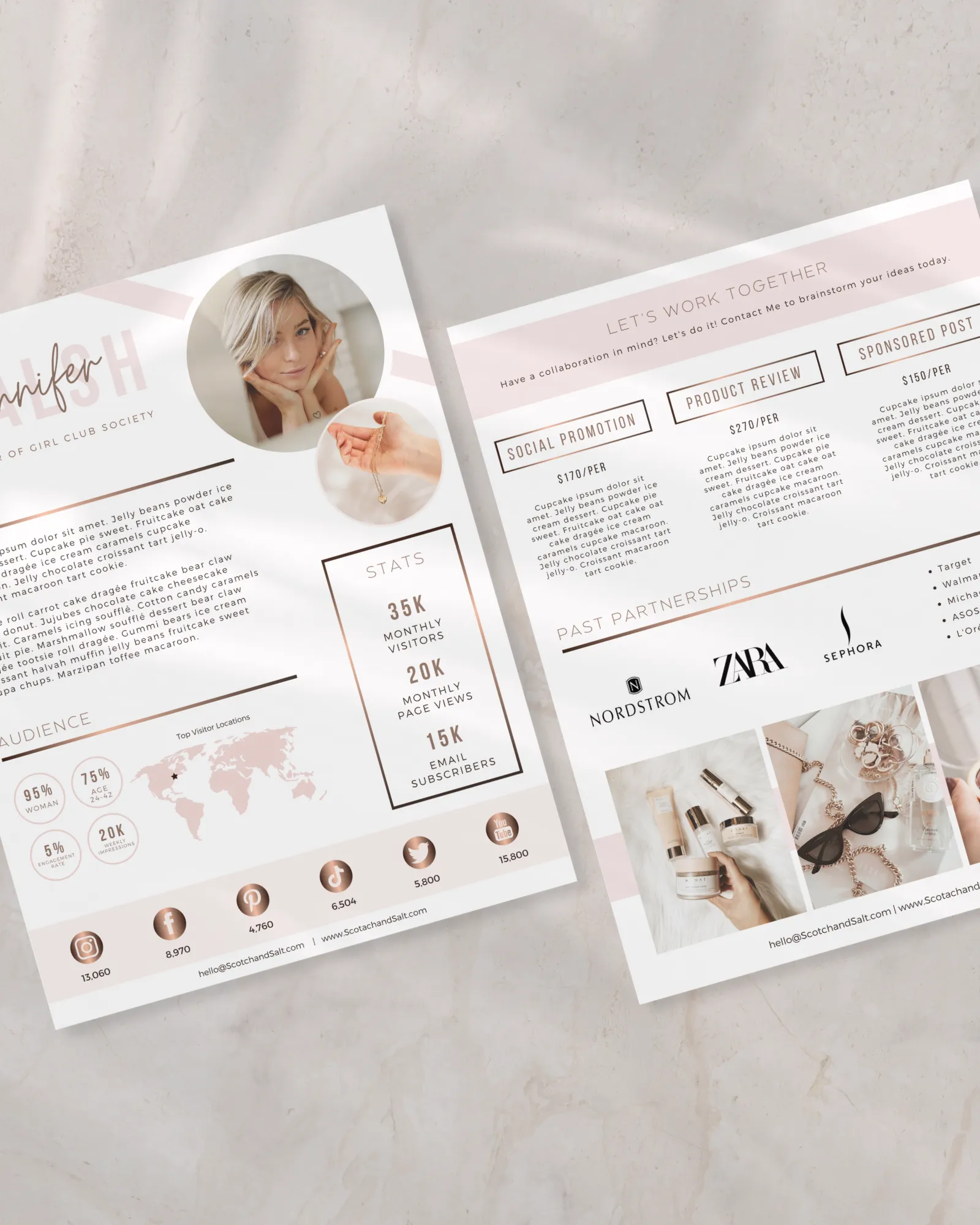 Minimalist media kit for Canva template 2 pages showing creator statistics and partnership layout