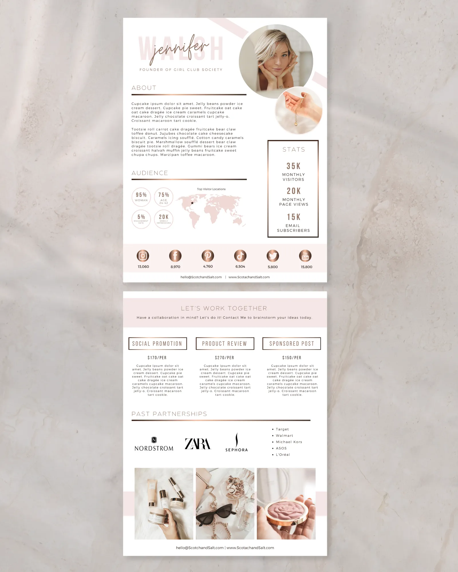 Canva minimalist media kit template with audience insights and collaboration presentation