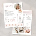 Minimalist media kit for Canva template 2 pages showing creator statistics and partnership layout