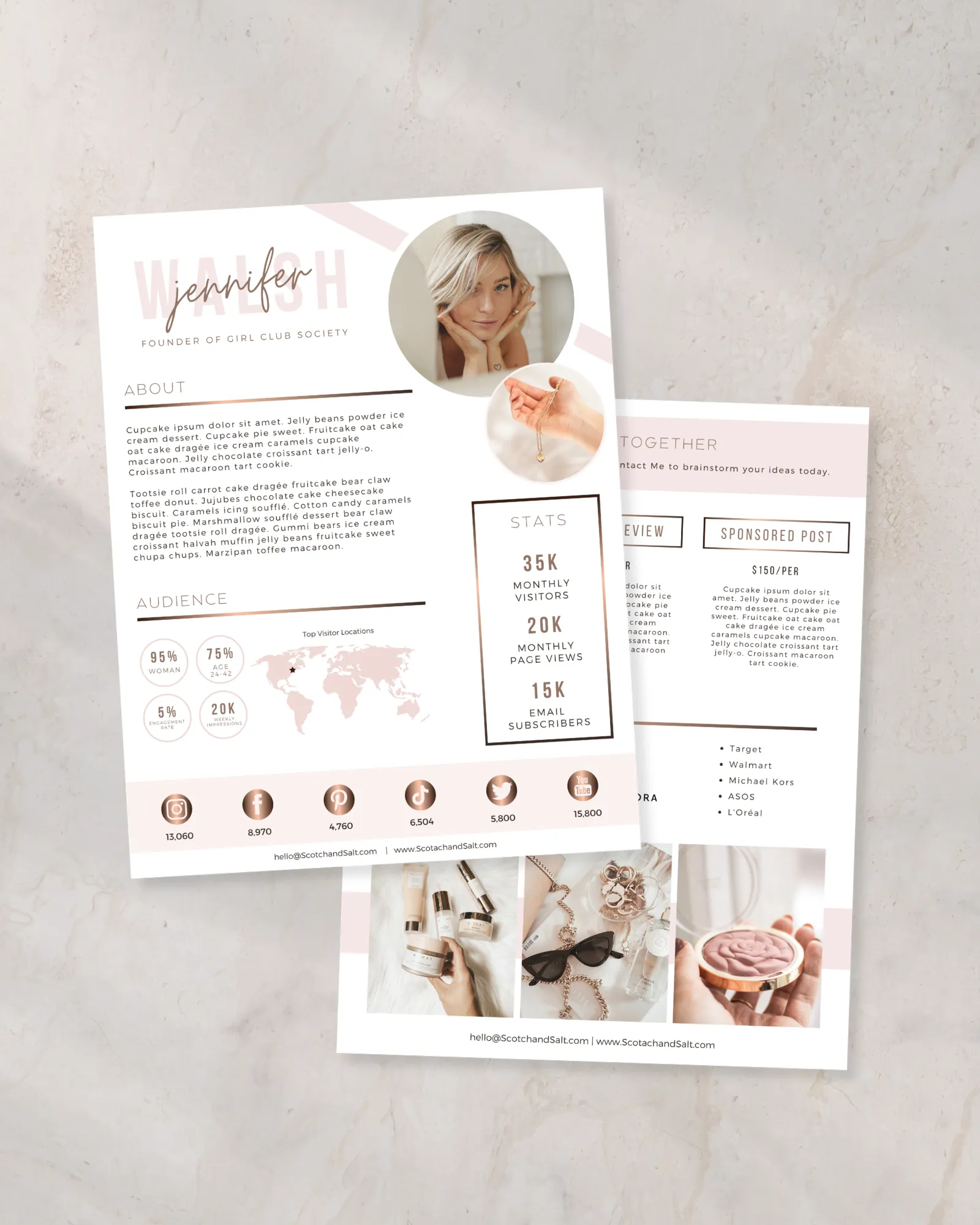 Minimalist media kit for Canva template 2 pages showing creator statistics and partnership layout