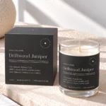 This modern candle label template features clean typography in a sleek layout