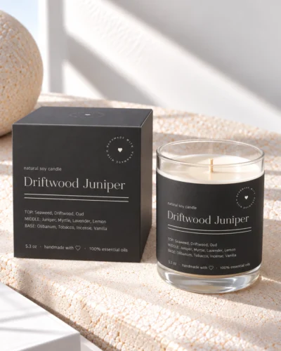 This modern candle label template features clean typography in a sleek layout