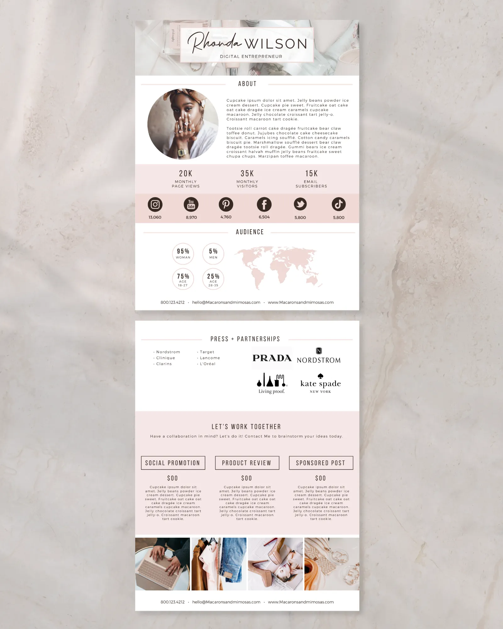 Pretty media kit examples for Instagram Influencer and Brand Ambassador. This Press Pitch Kit Template is editable in Canva.