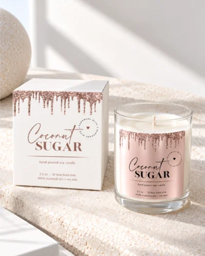Rose gold pink glitter candle label sticker template design that is Editable in Canva