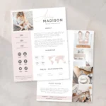 Social media pitch deck template 2 pages editable in Canva showing creator stats and partnership presentation