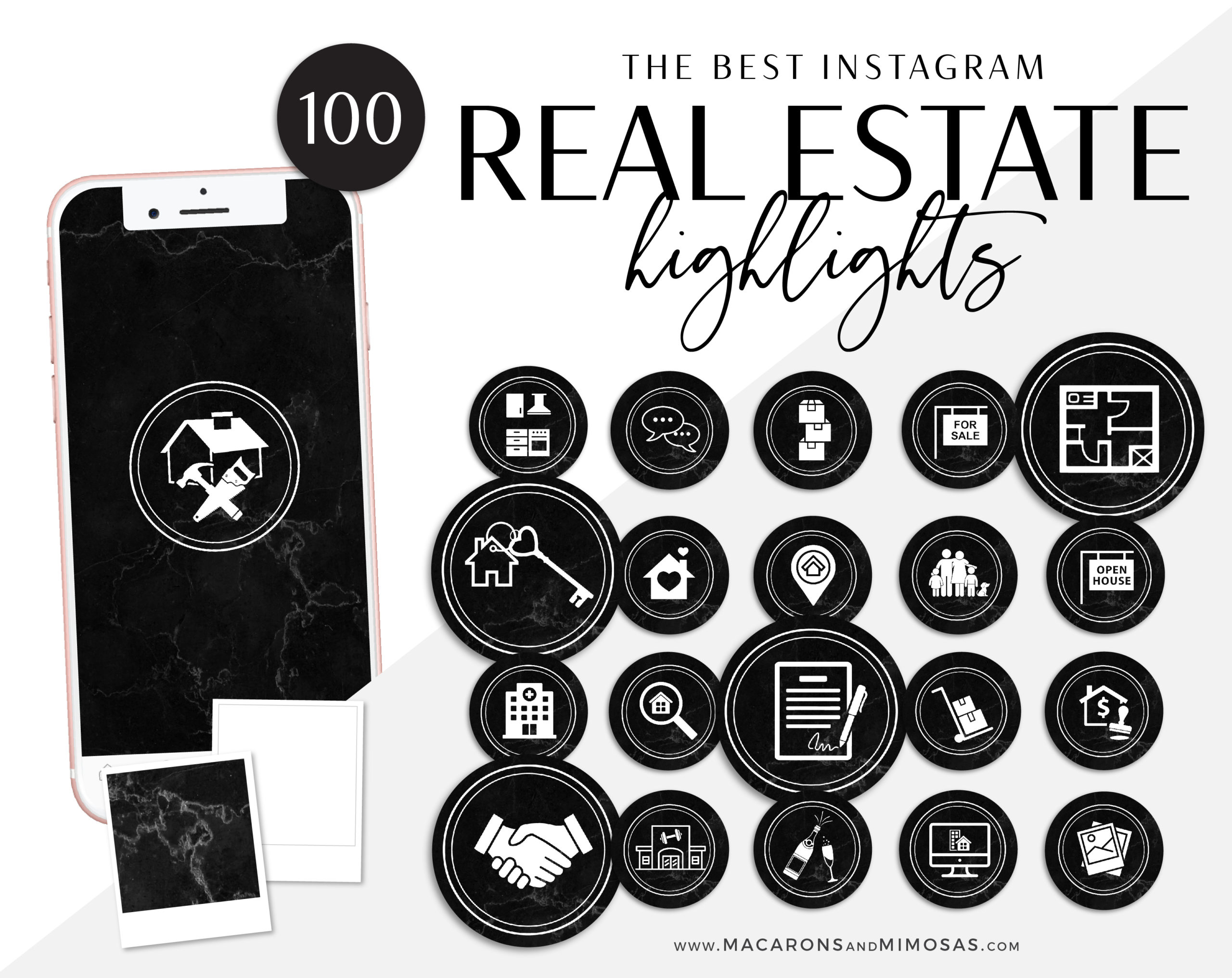 Marble Realtor Instagram highlights, 100 Real Estate Instagram Story covers, IG Icons, Story Highlight Icons, IG Stories Post cover