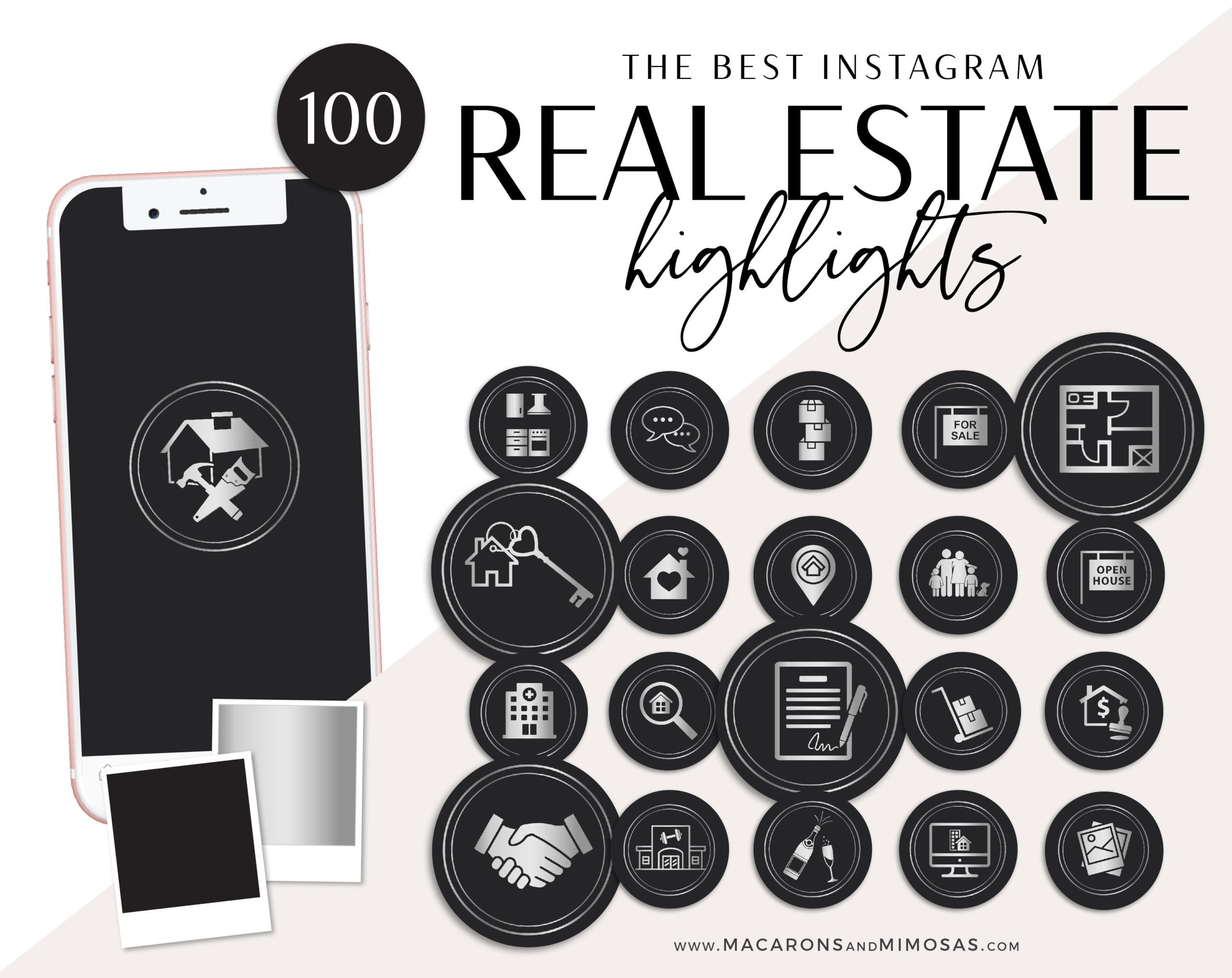 100 Silver Realty Instagram Covers, Real Estate Instagram Story Highlights, Black Silver IG Icons, Story Highlight Icons, social media icons