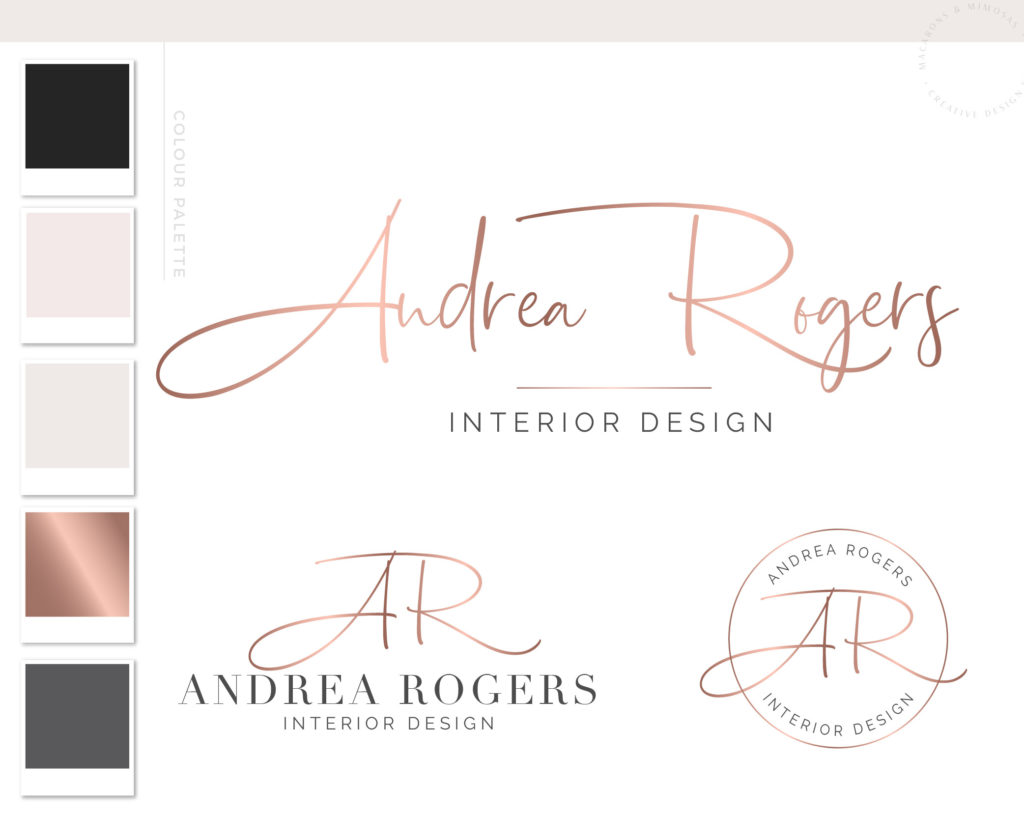 Rose Gold script Logo designs • Macarons and Mimosas