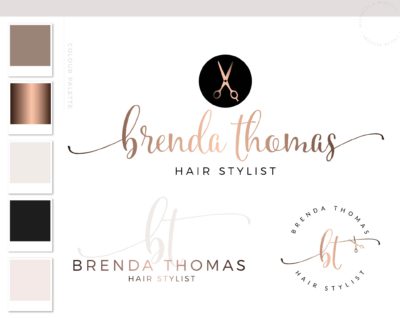 Hair Stylist Logo, Hair Salon Logo, Premade Hair Dresser Logo, Luxury Wig Logo Design, Rose Gold Scissors Logo Branding Kit for Hair Stylist