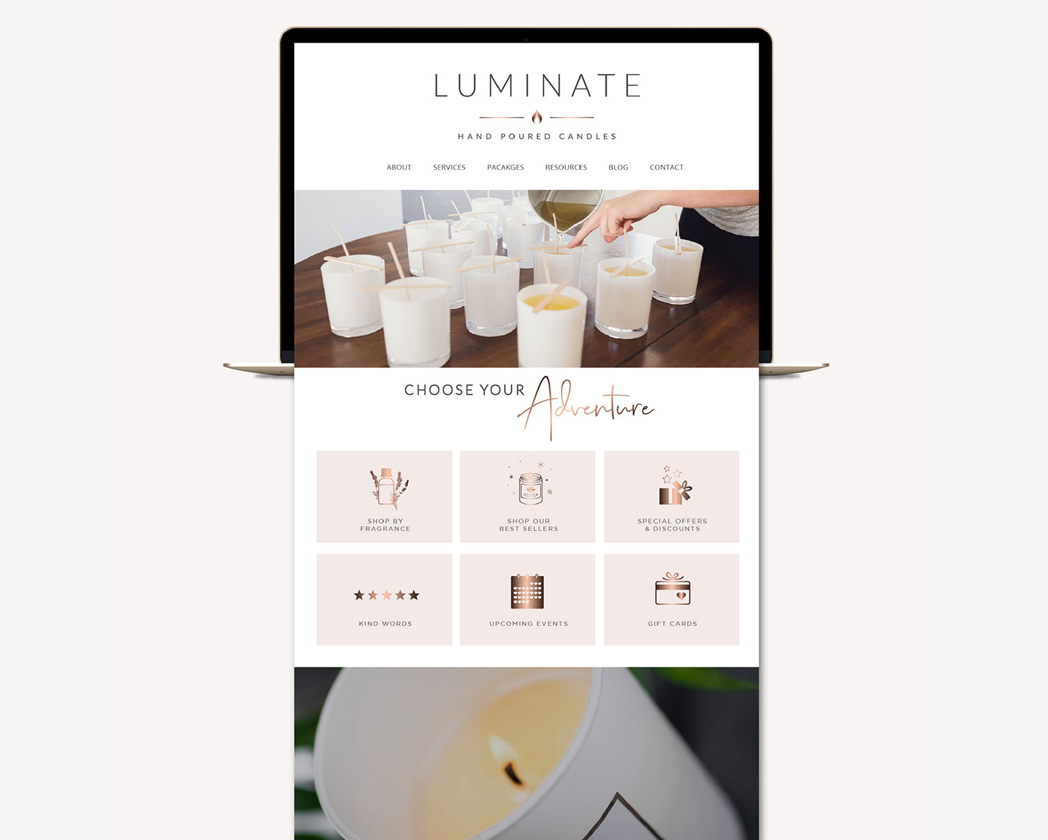 Candle Boutique Website Design Template & Logo, Rose Gold Bee Logo Branding Kit, Essential Oil Blog Kit, Candle Label Instagram Design