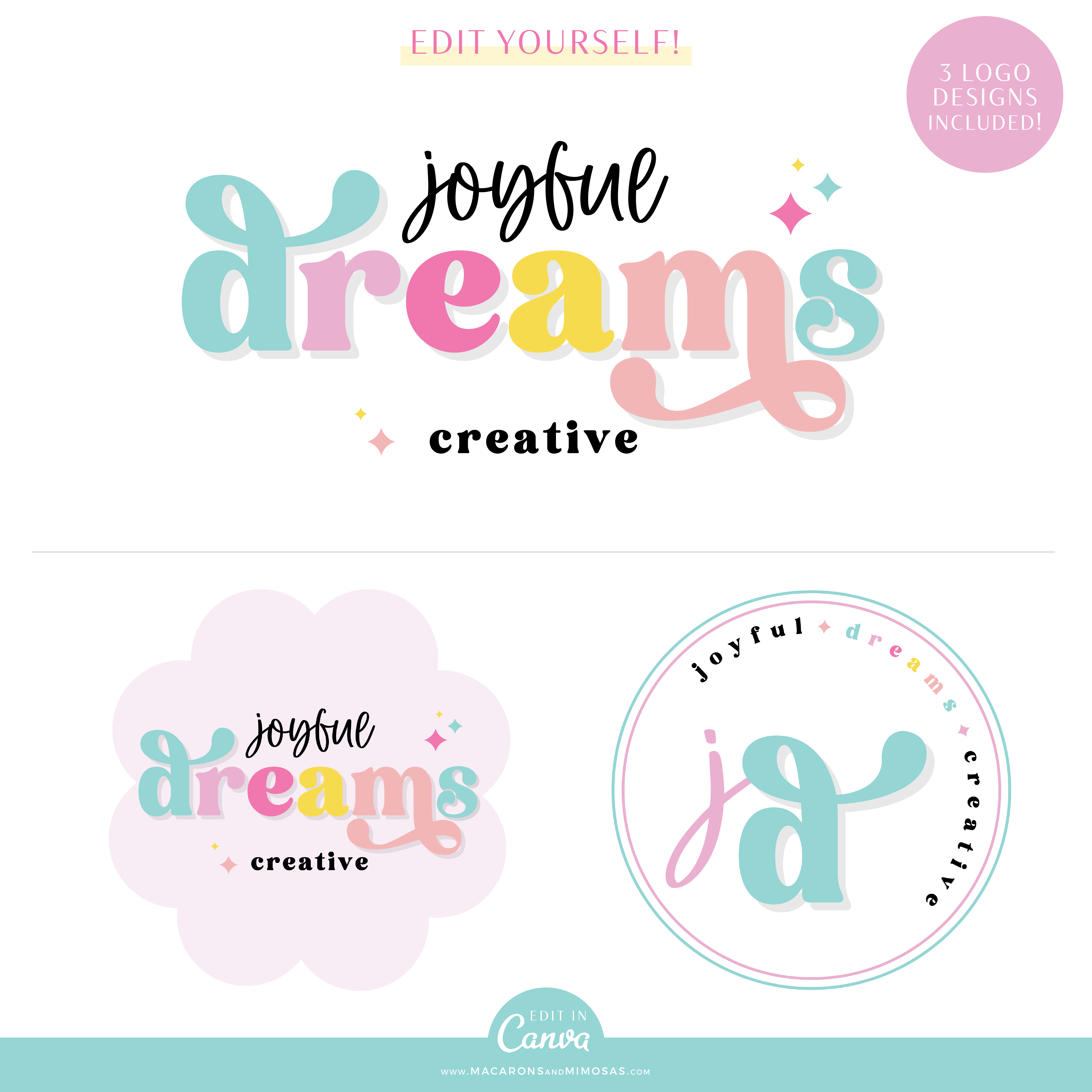 Bright playful rainbow Semi-Custom Brand & Logo Design templates for Canva. Style your website and business with these fun colorful logos!
