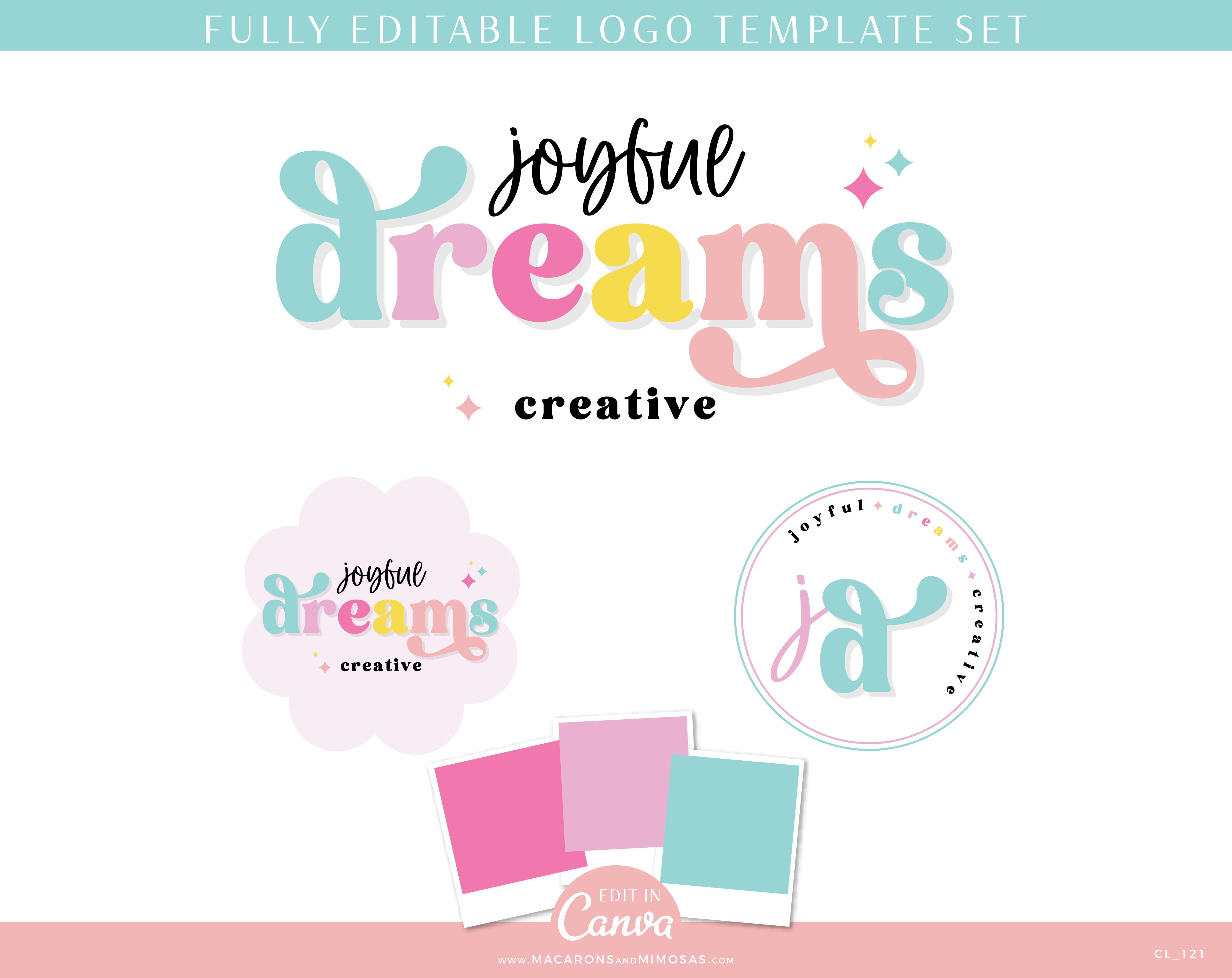 Bright playful rainbow Semi-Custom Brand & Logo Design templates for Canva. Style your website and business with these fun colorful logos!
