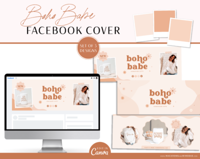 Boho Facebook banner design editable in Canva. Customizable Facebook Templates easy to edit for coaches, beauty bloggers, Influencers, and Small Businesses