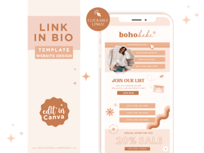 Boho Link in Bio TikTok Template for Canva, Pink Instagram Website Template, Ditch LinkTree One-page scrolling Microsite for Instagram Profile