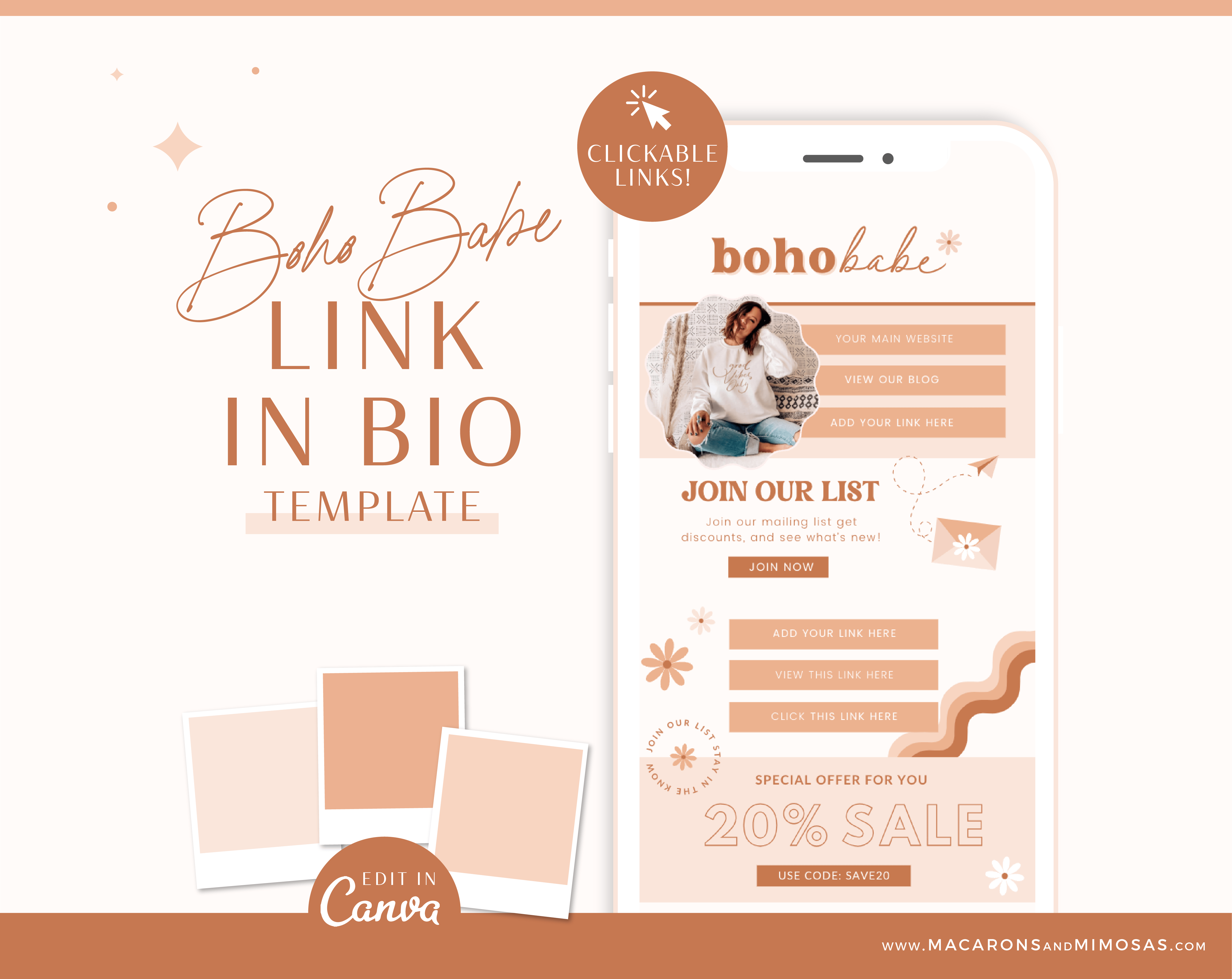 Boho Link in Bio TikTok Template for Canva, Pink Instagram Website Template, Ditch LinkTree One-page scrolling Microsite for Instagram Profile