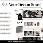 Luxe Minimal Shopify Theme in black and nude, Drag and Drop ecommerce template with Canva Banners