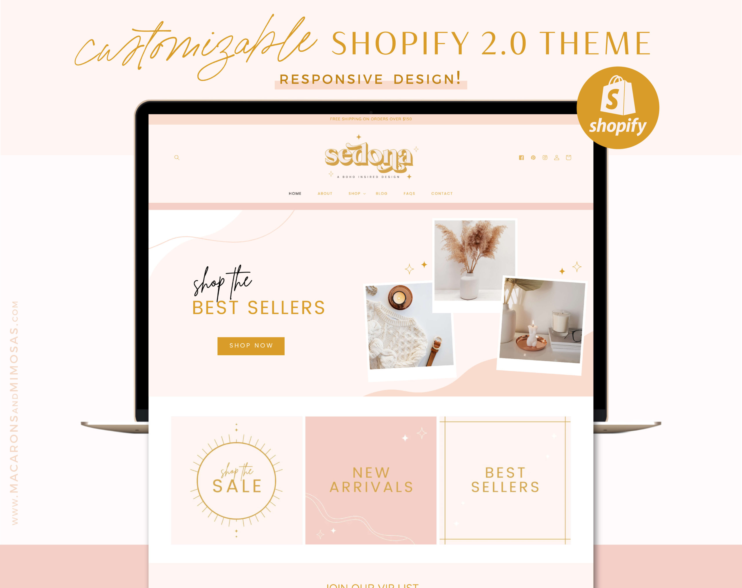 Boho Shopify theme with store banners to edit in Canva. A beautiful, bohemian ecommerce template for your Shopify website. Neutral Shopify Website Design