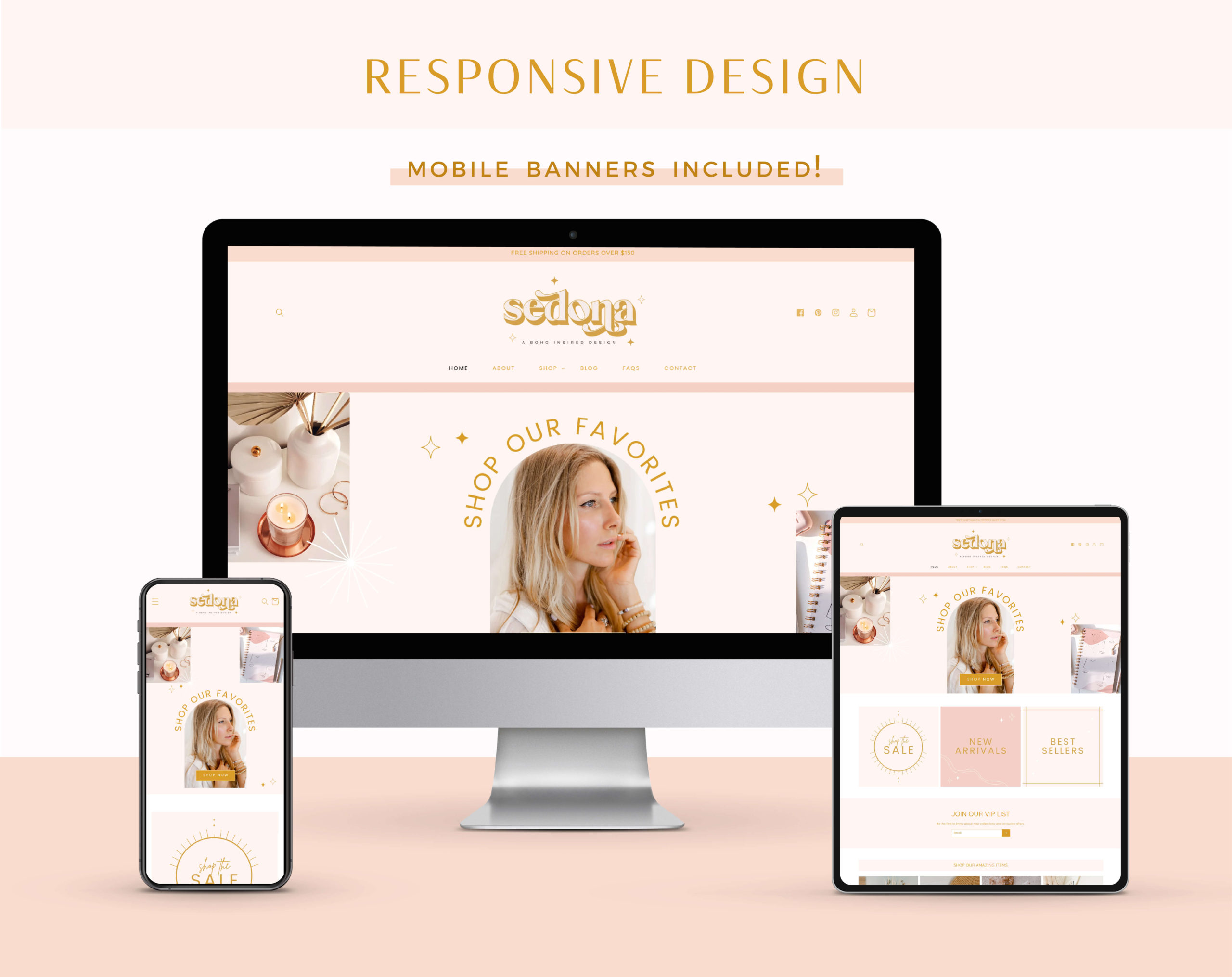 Boho Shopify theme with store banners to edit in Canva. A beautiful, bohemian ecommerce template for your Shopify website. Neutral Shopify Website Design