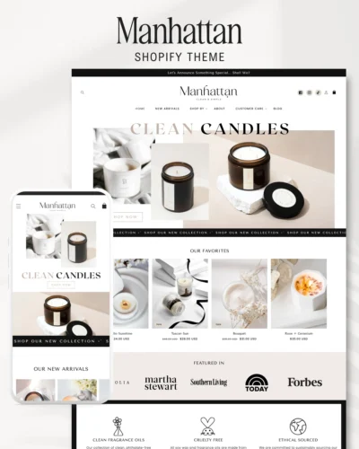 Manhattan is Candle website theme for Shopify. A classic Shopify theme with video banners. E-commerce website design for Shopify 2.0 with free Canva shop banners