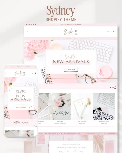 Rose gold feminine Shopify theme for planner shops and boutique fashion stores