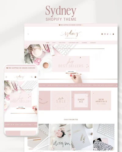 Pink Rose Gold Shopify Theme Template for a Girly Chic Boutique and Brand