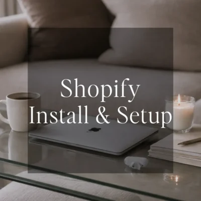 Shopify Theme Design on Laptop Computer With Install and Setup Text overlay