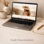 Shopify Theme Design on Laptop Computer With Install and Setup Text overlay