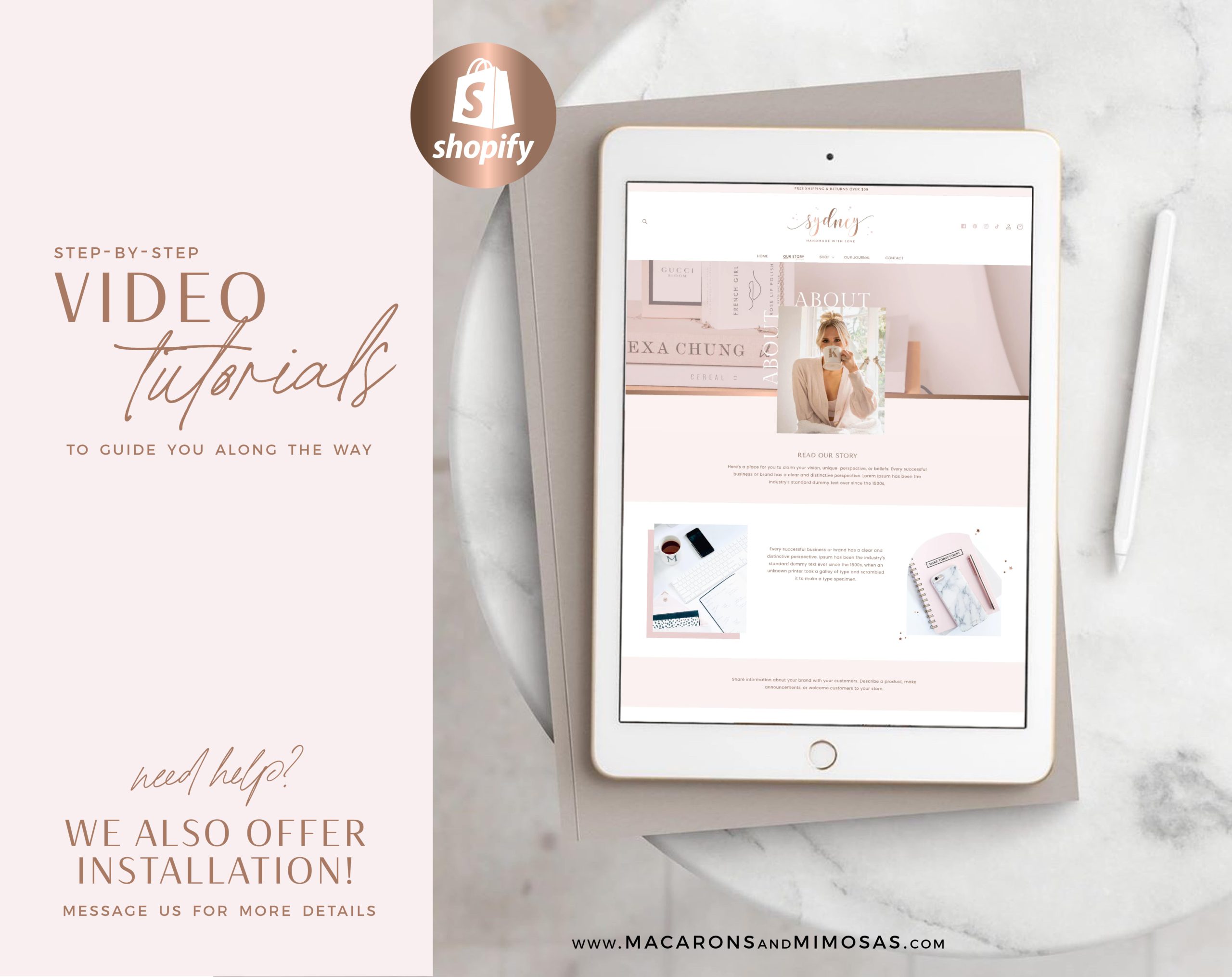 Rose Gold Shopify Theme Template, Pink Shopify Theme, Website Design Shopify 0S 2.0 Drag and Drop with Canva Banners