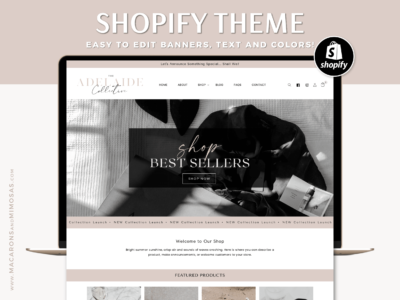 Minimalist adeline shopify theme in a neutral design. Style your website with our Shopify 2.0 Drag and Drop theme + bonus Canva banners