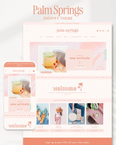 Bright Boho Shopify Theme Template, Pink Shopify Theme, Palm Springs Website Design Shopify 0S 2.0 Drag and Drop with Canva Banners